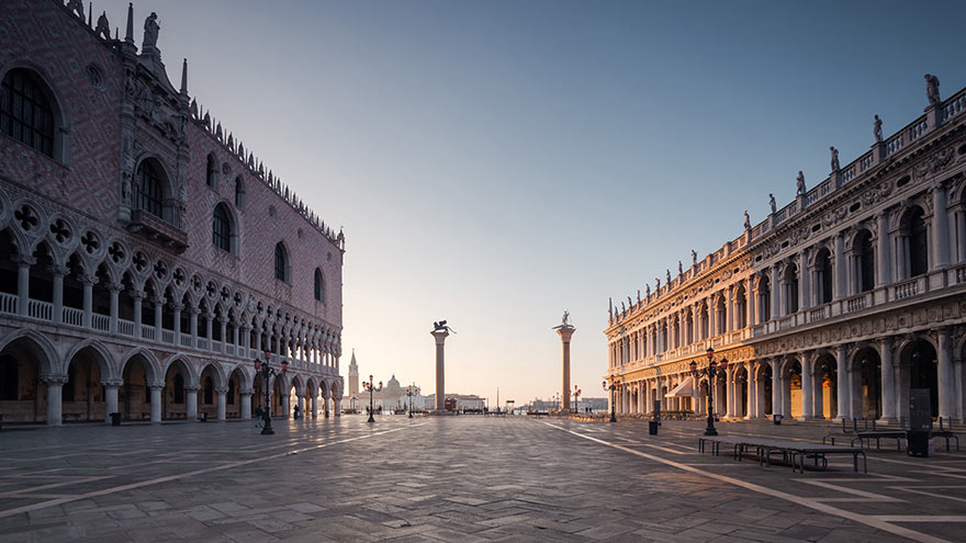 St Mark's Square stands empty at sunrise, Venice. ©Matteo Colombo.