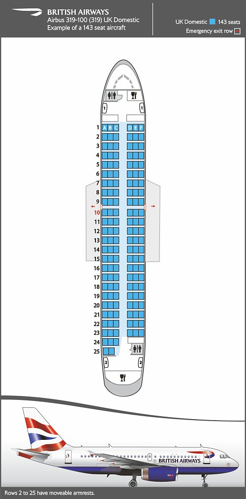 Seatmap for Airbus 319-100, domestic layout.