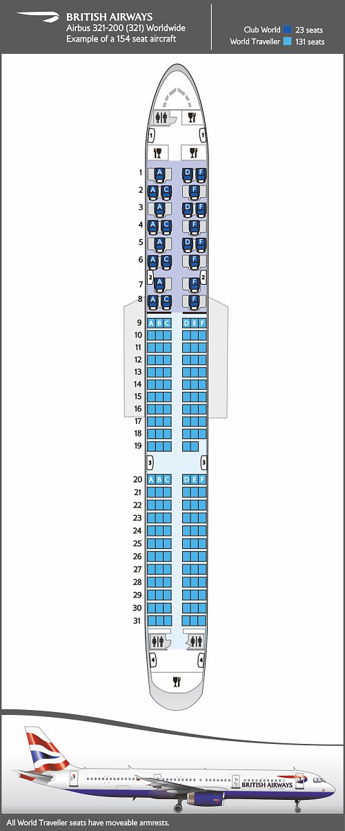 Seatmap for Airbus 321-200, domestic layout.