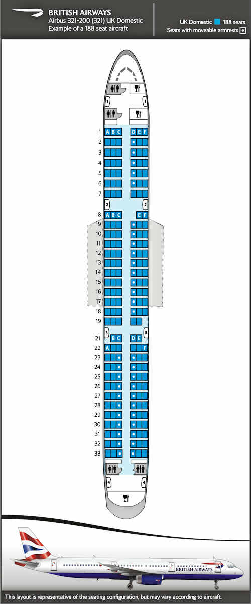 Airbus 321-200 seatmap, domestic layout.