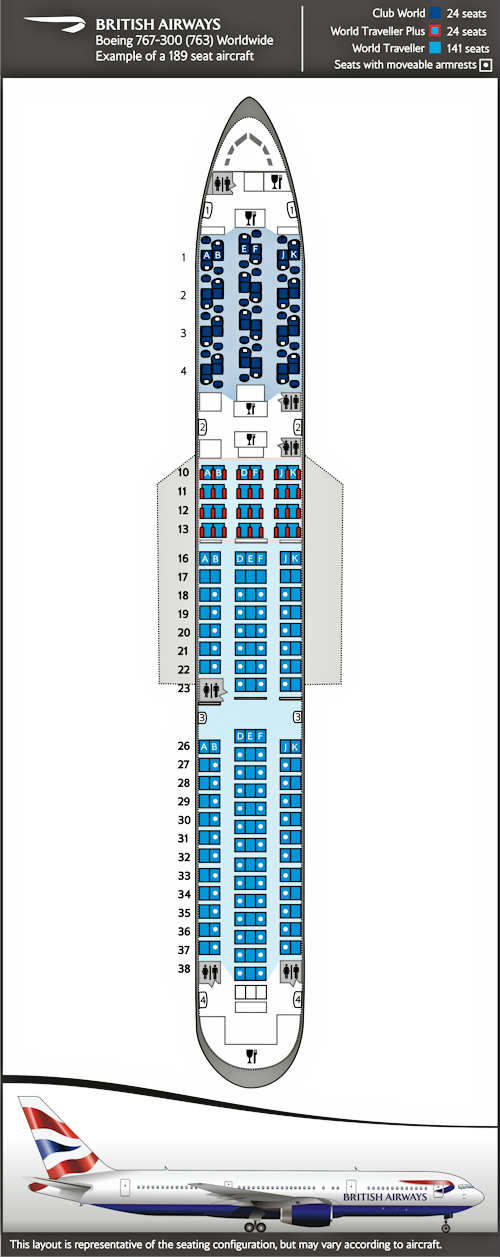 Seatmap for Boeing 767-300, worldwide layout.