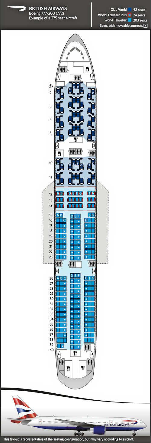 Seatmap for Boeing 777-200, 3 class aircraft.