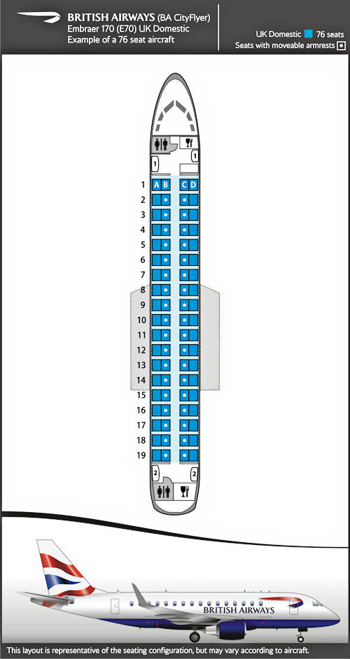 Seatmap for Embraer 170, domestic layout.