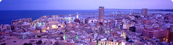 Panoramic view of Alicante at dusk.