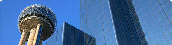 Reunion Tower and Dallas skyscrapers.