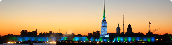 Skyline of St Petersburg by night.