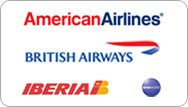 The British Airways, American Airlines, Iberia, and oneworld logos.