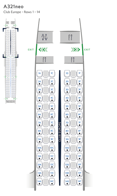 Mapa de asientos de Club Europe, A321neo