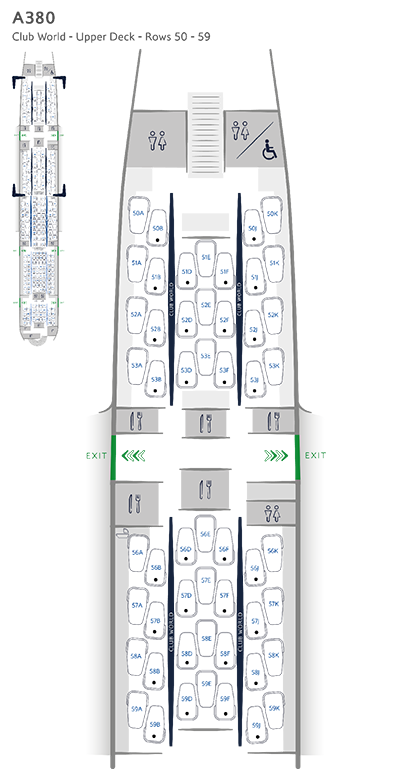 Configurazione dei posti in Club World, piano superiore, su A380