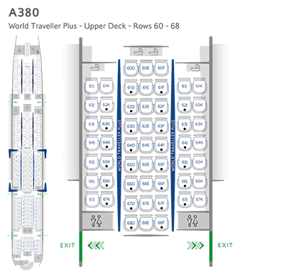 Mapa de lugares de World Traveller Plus no piso superior do A380
