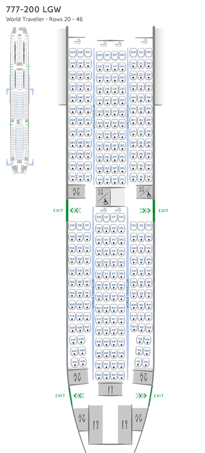 Mapa de lugares de World Traveller do Boeing 777-200