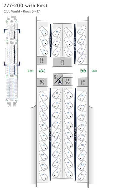 Configurazione dei posti in Club World con prima classe su Boeing 777-200