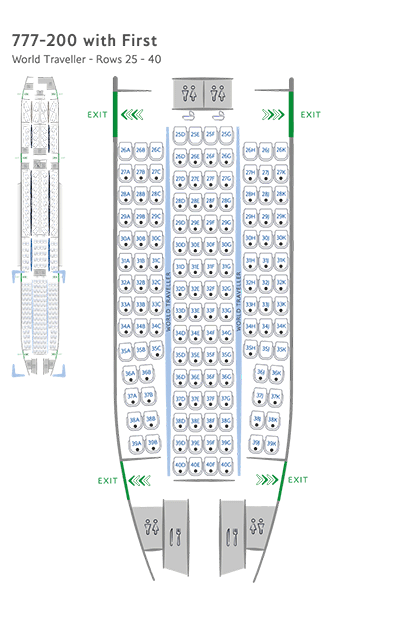 Mapa de lugares de World Traveller do Boeing 777-200 com primeira classe