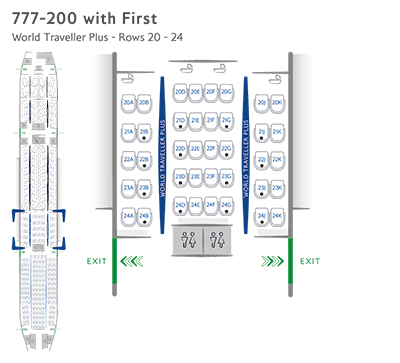 Configurazione dei posti in World Traveller Plus con prima classe su Boeing 777-200
