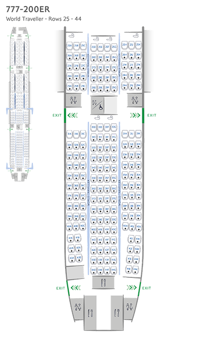 Схема расположения сидений в салоне World Traveller на борту Boeing 777-200ER