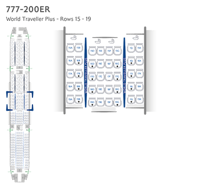 Mapa de asientos de World Traveller Plus, Boeing 777-200ER