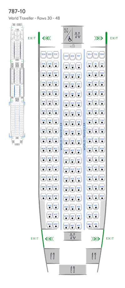 Схема расположения сидений в салоне World Traveller на борту Boeing 787-10