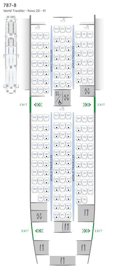 Схема расположения сидений в салоне World Traveller на борту Boeing 787-8