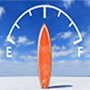 Orange surfboard on a beach with a fuel gauge overlay.