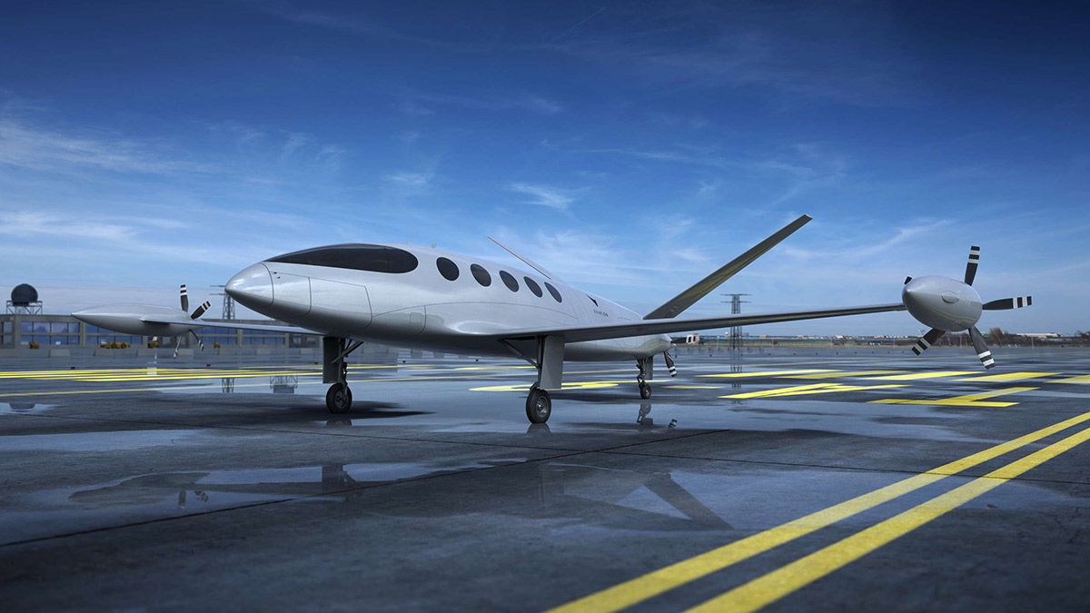 Ein futuristisches Flugzeug auf dem Rollfeld. Die Zukunft des Fliegens. 