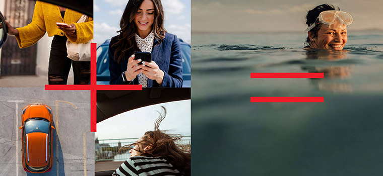 A split image of people taking trips with Uber on the left, then a lady enjoying a swim in the sea on the right.