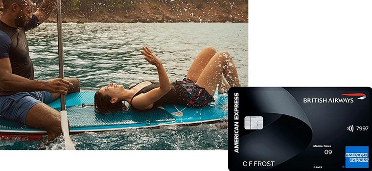 A couple paddle boarding alongside an image of a British Airways American Express Credit Card.
