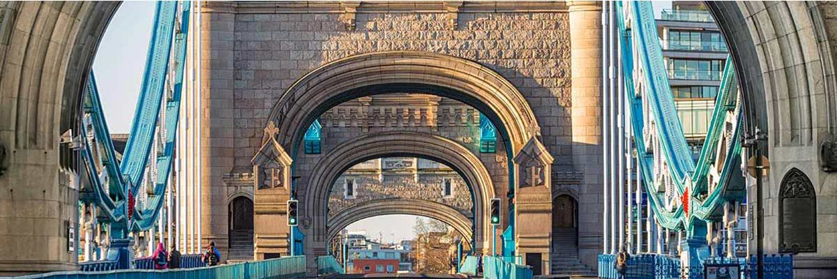 Through the arches of Tower Bridge in London.