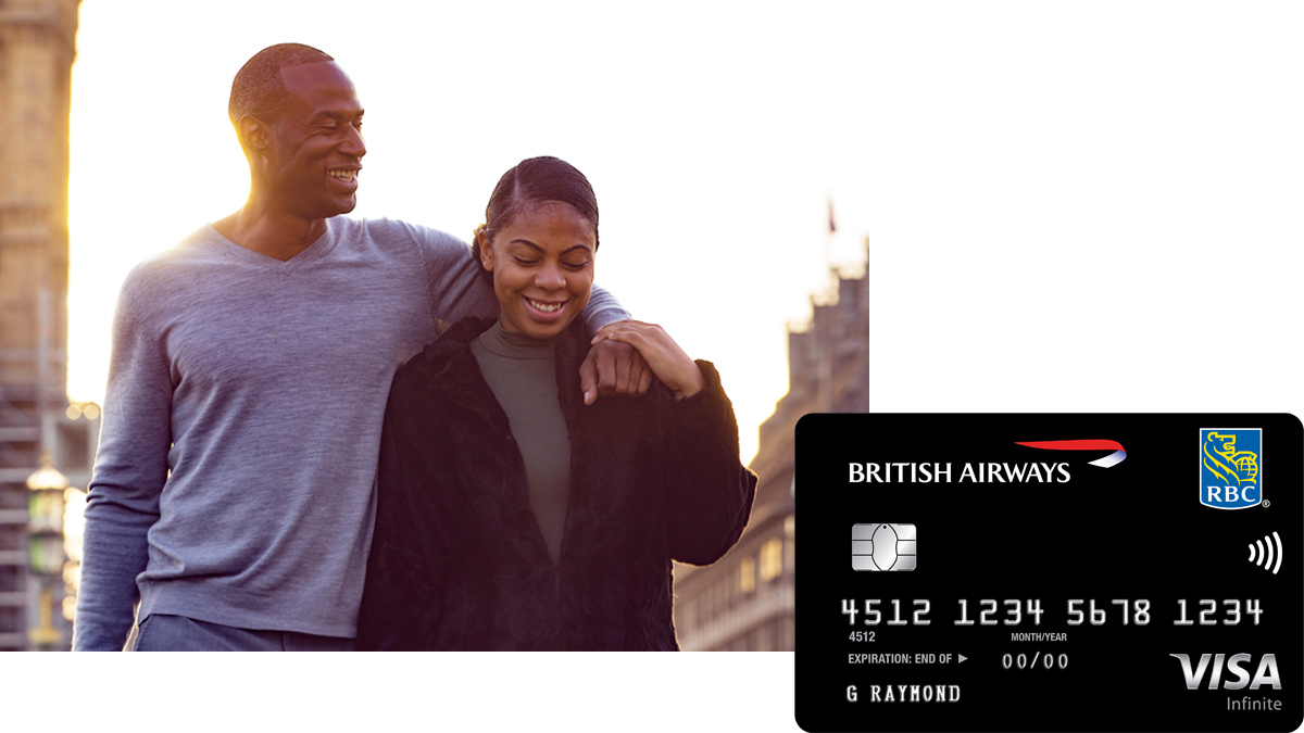 Couple walking past Big Ben and image of RBC British&nbsp;Airways Visa Infinite credit card.
