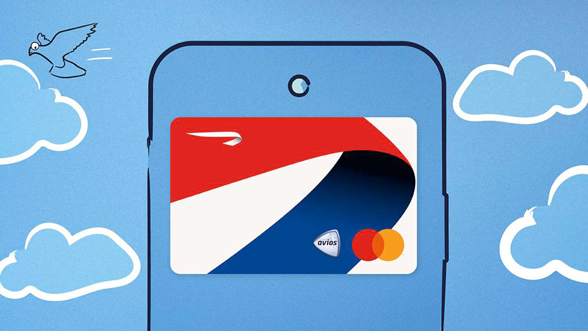 The British Airways Prepaid Mastercard on a blue sky back drop with illustrated clouds and a bird floating behind.