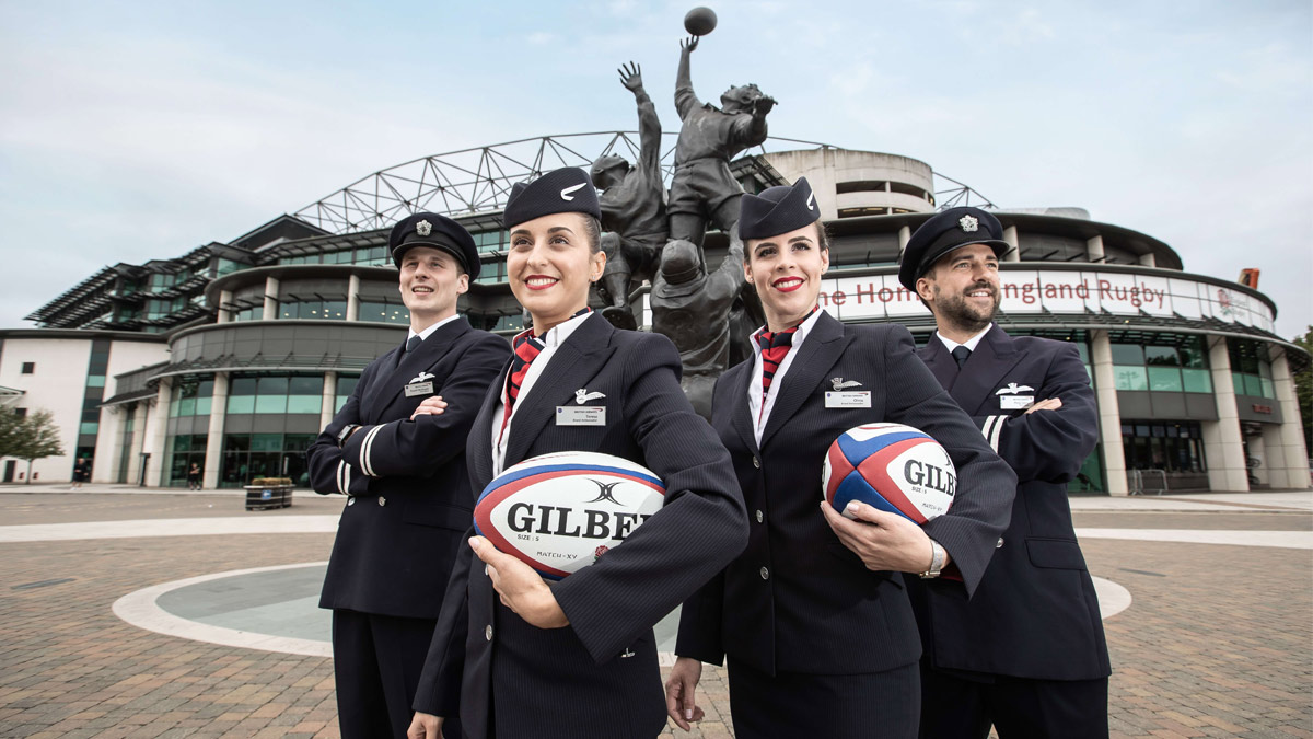 British Airways ambassadors outside Twickenham Rugby stadium.
