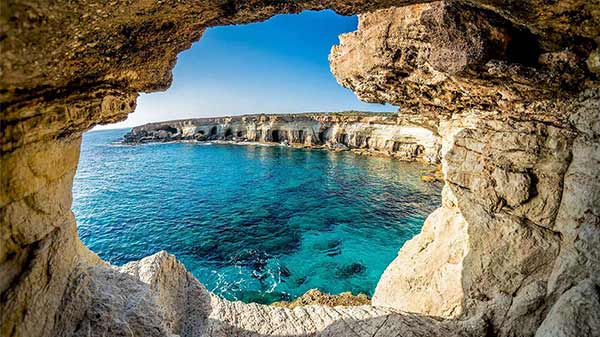 View of sea from within a cave in Cyprus.