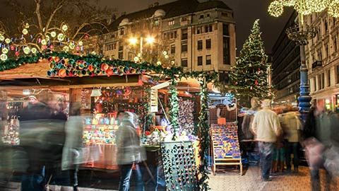 Busy christmas market at the Vorosmarty Square in Budapest, Hungary