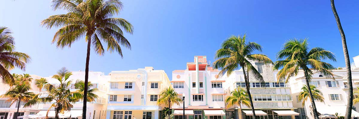 Art Deco buildings and palm trees on Ocean Drive in Miami Beach.