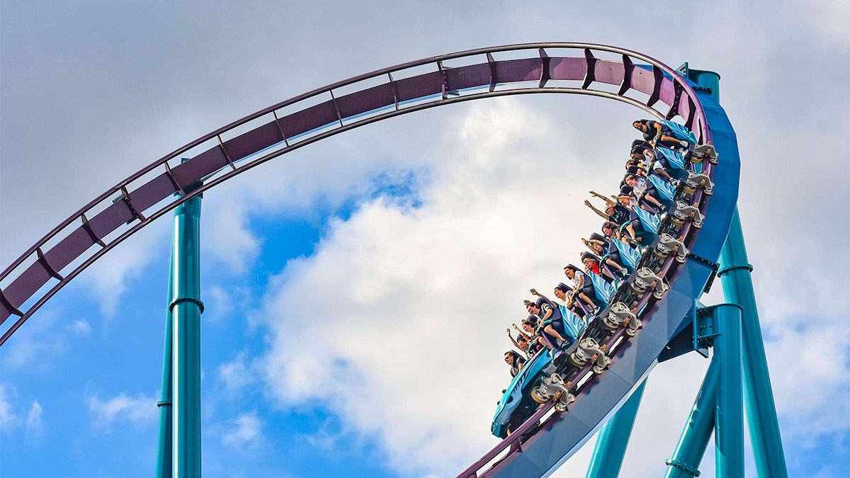 Orlando, Florida. People having fun roller-coaster ride at Seaworld in International Drive area