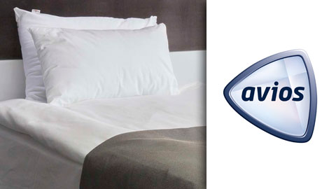 现代优雅的双床房内饰和 Avios 徽标。