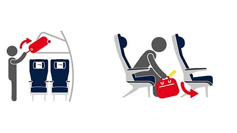 Persona colocando el equipaje en el compartimento superior o debajo del asiento delantero