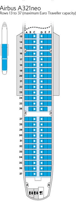 Схема расположения сидений в салоне Euro Traveller на борту A321 NEO.