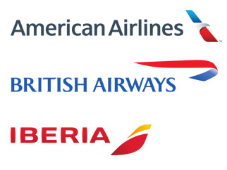 Logotipos de American Airlines, British Airways e Iberia.