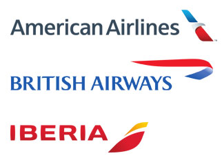 American Airlines, British Airways, Iberia logos.