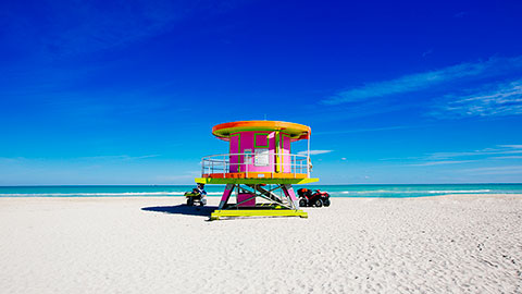 Lifeguard tower on a sunny day in South Beach, Miami, Florida, USA.