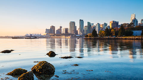 Die Skyline von Vancouver vom Stanley Park aus.