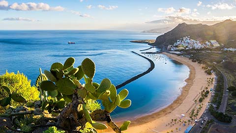 Erstaunliche Aussicht auf den Strand las Teresitas mit gelbem Sand. Ort: Santa Cruz de Tenerife, Teneriffa, Kanarische Inseln. Künstlerisches Bild. Schönheitswelt.