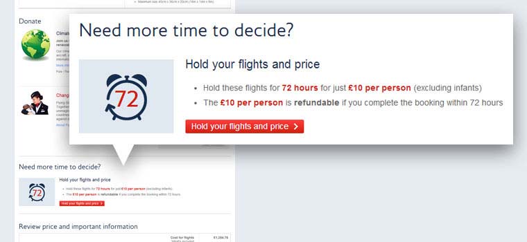 Example hold your flight price banner