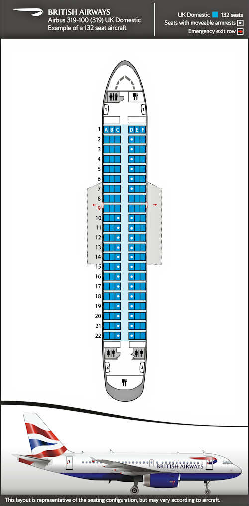 Seatmap for Airbus 319-100, domestic layout.