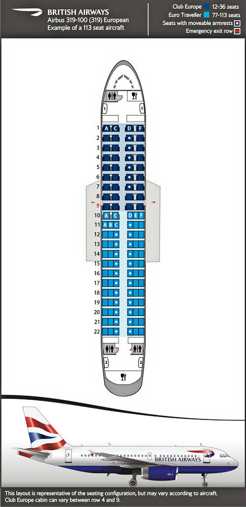Plan de cabine Airbus 319-100, vols européens.