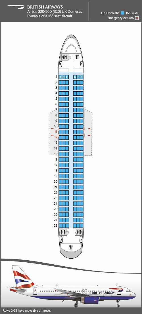 Mapa de asientos para el Airbus 320-200, distribución para vuelos domésticos.
