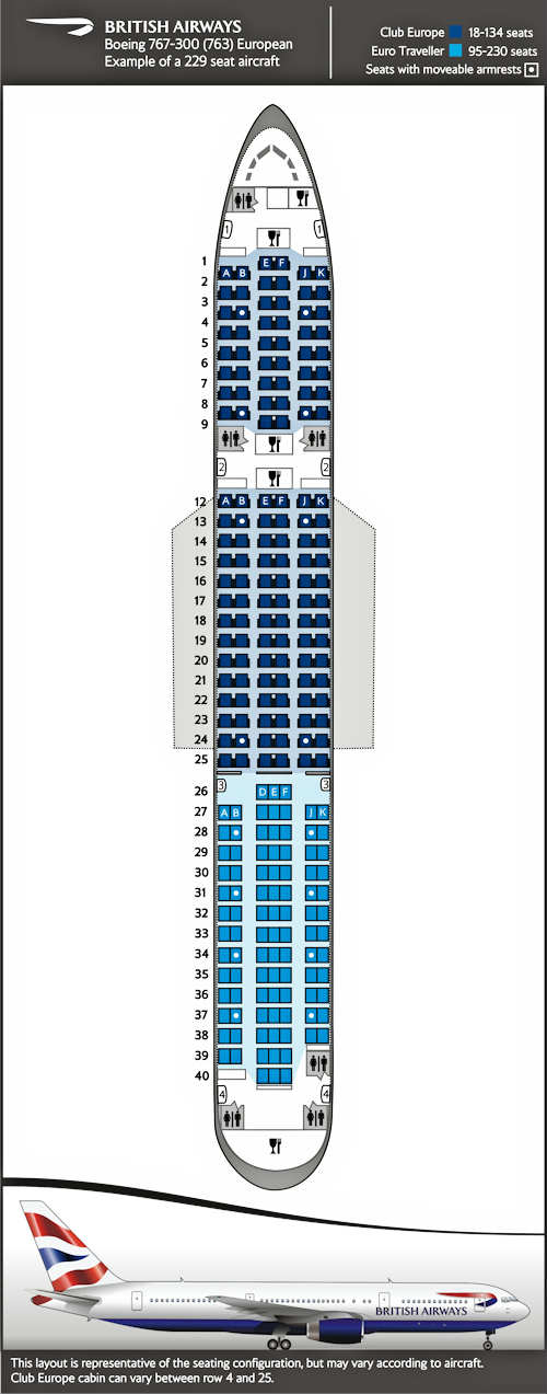 Seatmap for Boeing 767-300, European 229 seat layout.