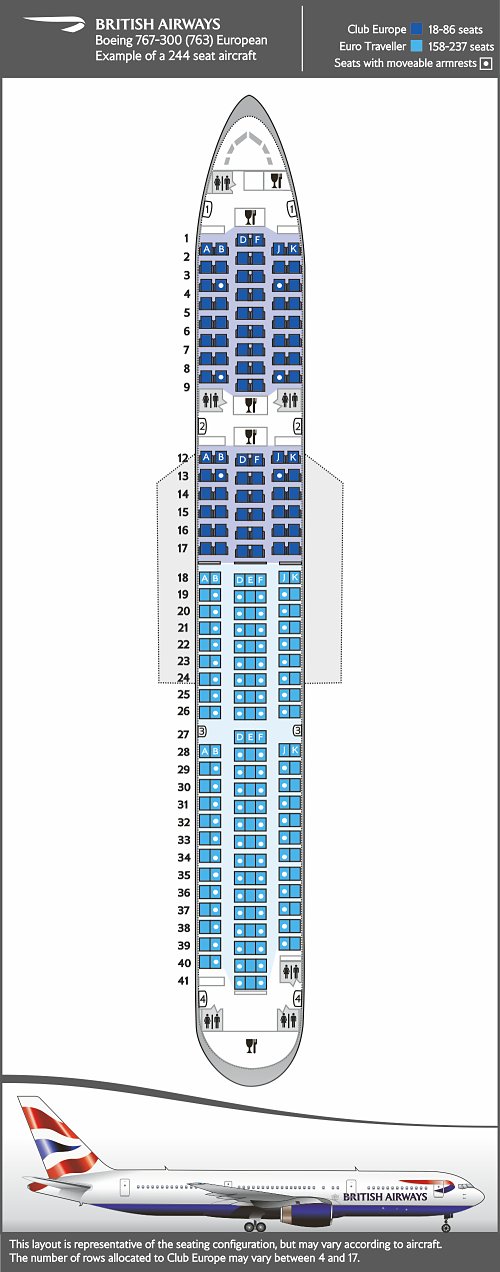 Sitzplan für Boeing 767-300, Europäische Anordnung mit 244 Sitzplätzen.