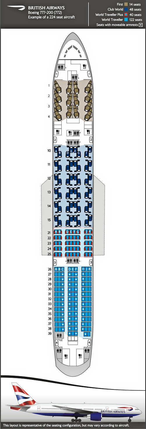 Plan de cabine Boeing 777-200, 4 classes.