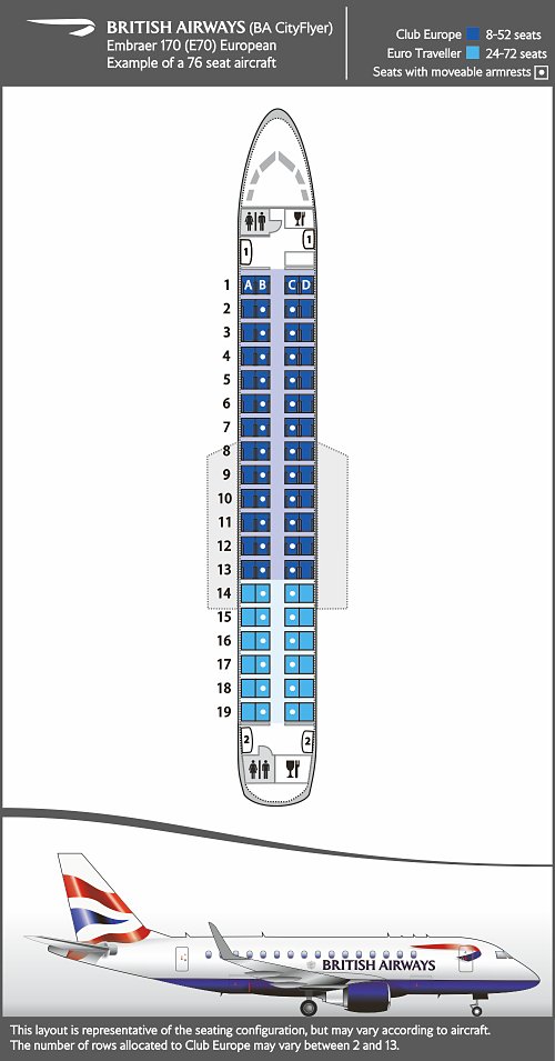 Mapa de assentos do Embraer 170, configuração europeia.